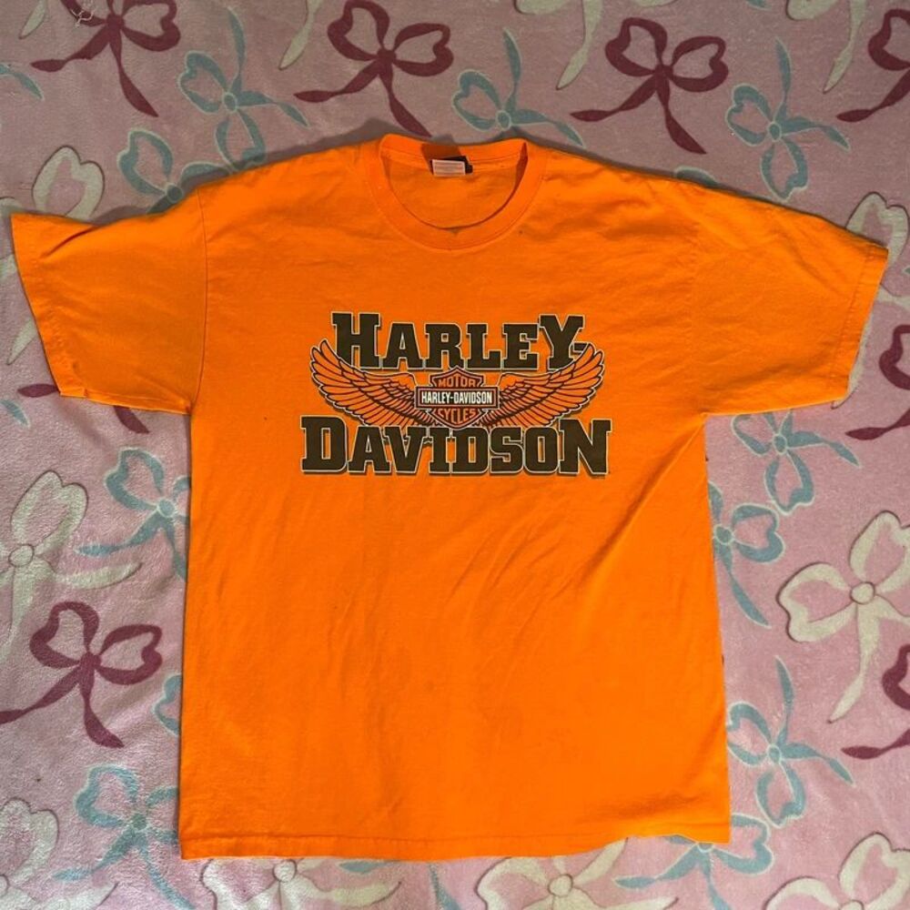 Harley Davidson Distressed Bright Orange Mens Graphic T-Shirt Short Sleeve